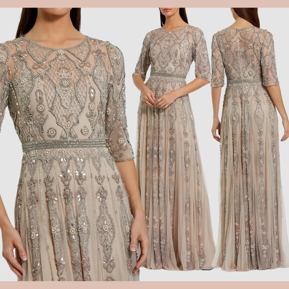 NEW Mac Duggal [ 8 ] 10115 3/4 Sleeve Embellished A-line Gown Vintage J2469